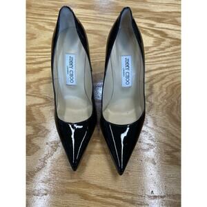Jimmy Choo Heels Women's 6 Black Patent Leather Stiletto Pointed Toe Pump B36
